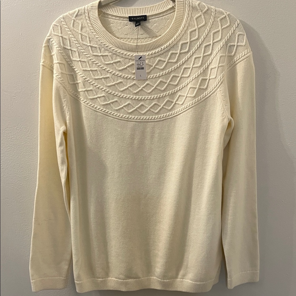 Talbots Ivory Cable Yoke Crewneck Sweater